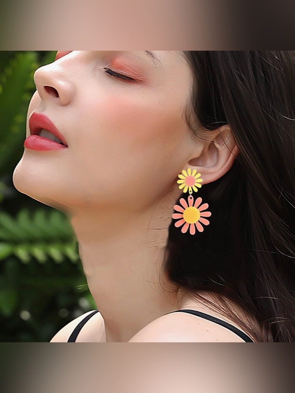 Daisy Drop Earrings in Yellow and Coral - Picture 2 of 3
